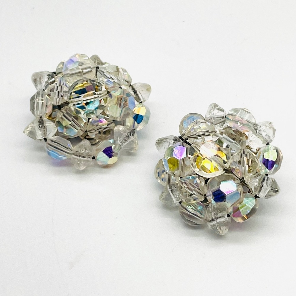Vintage Aurora Borealis Crystal Bead Clip‎ Earrings